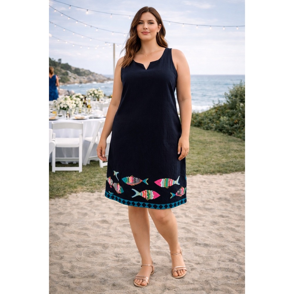 Talbots Navy Blue Fish Embroidered Sequin Shift Dress Size 16 Coastal Nautical